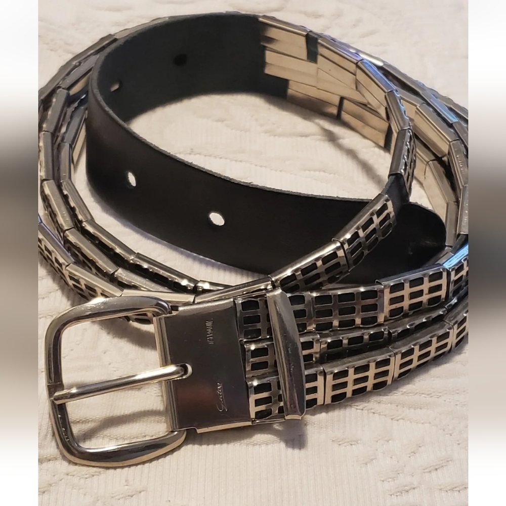 💜 Vintage Gutos W Germany 3 Tier Belt Silver Metal Chain & Black Leather